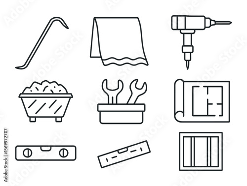 Renovation Tool Icons. Outline vector icons of renovation and remodeling tools: crowbar, dust sheet,