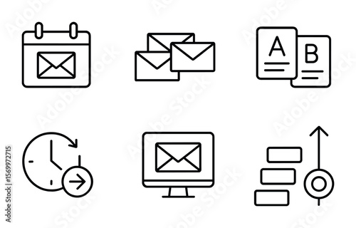 Email Campaign Icons. Outline vector icons of email campaign planning: campaign calendar, email batch, subject