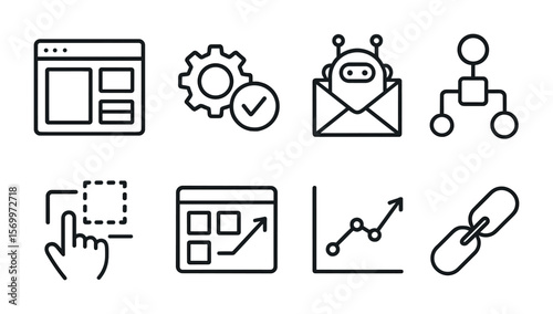 Marketing Automation Icons. Outline vector icons of marketing automation platforms: platform UI, task