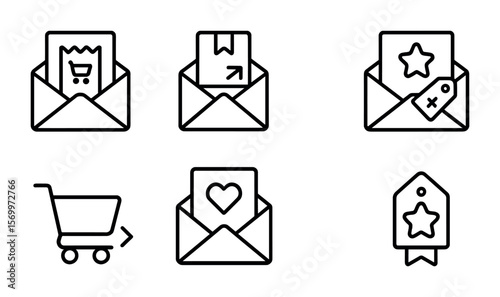 E-commerce Icons Set. Outline vector icons of e-commerce email flows: order confirmation, shipping update,