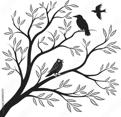 "Bird of Prey Silhouette – Eagle, Hawk & Falcon Perched on Branch in Nature Scene"

