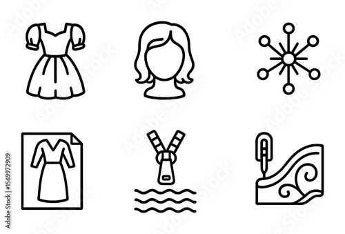 Costume Creation Icons. Outline vector icons of costume creation and adjustment: theatrical dress, wig stand,