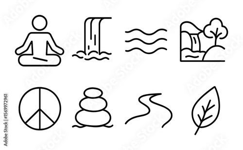 Meditation Icon Set. Outline vector icons of meditation near waterfalls: yoga pose, water sound icon, breath