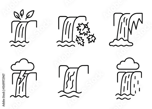 Seasonal Waterfall Icons. Outline vector icons of seasonal waterfall changes: spring melt, summer flow, autumn