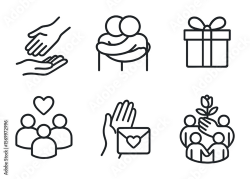Kindness Vector Icons. Outline vector icons of kindness and support: helping hand, hug icon, gift box, open