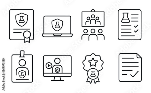 Lab Safety Icons Set. Outline vector icons of training and certification for lab safety: safety certificate,