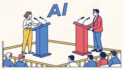 Modern vector illustration of artificial intelligence versus human intelligence debate
