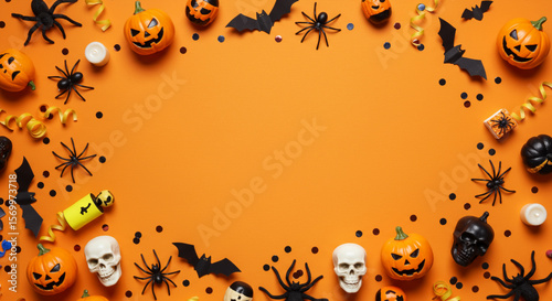 Spooky Halloween background frame with seasonal pumpkins, bats, skulls, and spider webs.