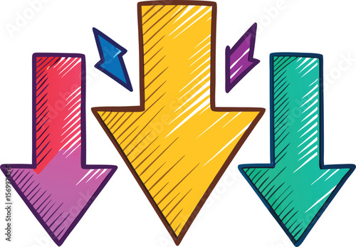 Set of three colorful hand-drawn upward arrows.