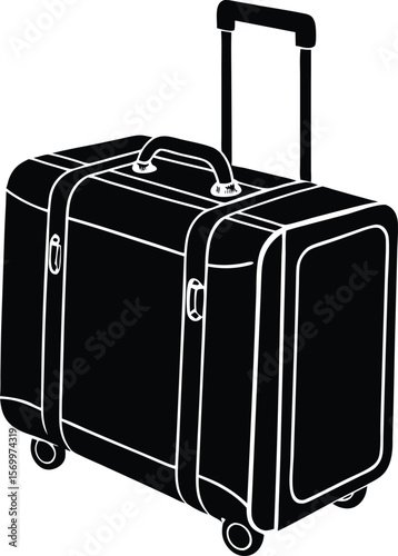 Travel Ready: A classic black suitcase, perfect for journeys, travel, and exploration. Depicting travel luggage, vacation gear, luggage accessories, baggage and rolling case.