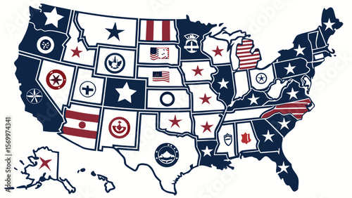 Artistic mosaic of usa map adorned with vibrant state flags