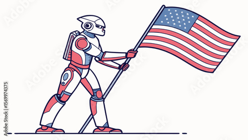 Modern ai robot holding american flag with futuristic technology elements