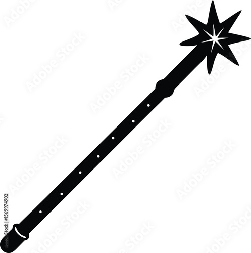 Enchanting Wand Icon: A stark black and white icon of a magical wand, radiating a sense of enchantment and fantasy, perfect for adding a touch of whimsy and wonder to any design. 