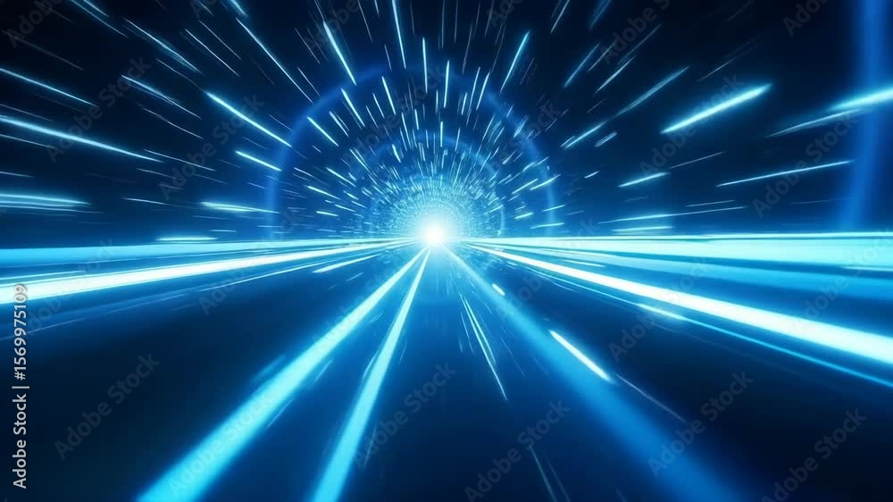 A futuristic journey through a hyperspace tunnel with blue and white light trails moving at warp speed, sci fi concept