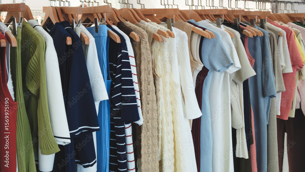 Fototapeta premium Rack of clothes with a green shirt on the left. There are many different colors of shirts and dresses.