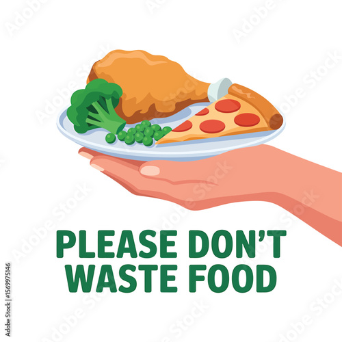 Illustration of a Hand Holding a Plate with Chicken, Pizza, and Vegetables