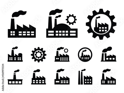 Industrial Icons – Factory and Gear Silhouettes with Vertical Lines and Smokestacks – Minimalist Architectural Style – 12 Designs Arranged in Two Rows