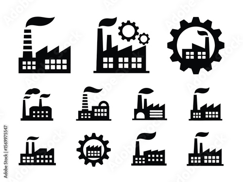 Industrial Factory Silhouette Set – Black and White Icons with Gears and Smokestacks – Minimalist Modern Design – 12 Elements in Two Rows on White Background