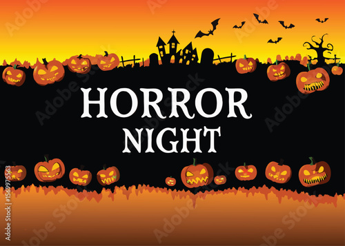 Spooky Halloween night with scary pumpkins, bats, and a dark, eerie tree silhouette – a perfect vector illustration for an October holiday celebration card