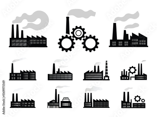 Industrial Factory Silhouette Set – Black and White Icons with Gears and Smokestacks – Minimalist Modern Design – 12 Elements in Two Rows on White Background