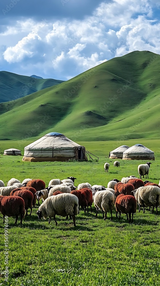 Fototapeta premium Sheep Grazing near Yurts with Green Hills.