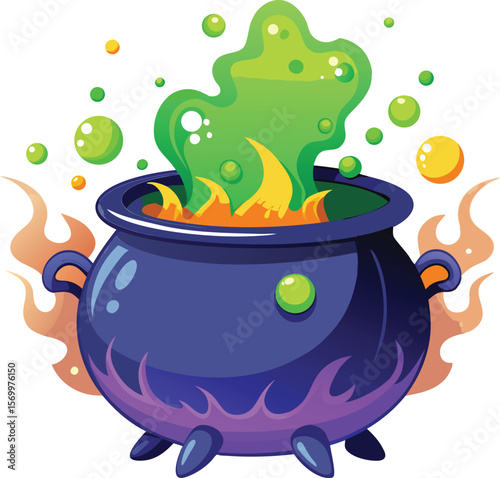 Big boiling cauldron with magic potion. A bubbling green potion in a purple cauldron with yellow accents