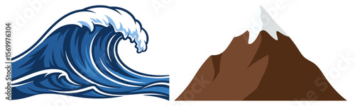 Dynamic Ocean Wave and Snow Capped Mountain Flat Design Vector Illustration Set - Nature Elements Graphic