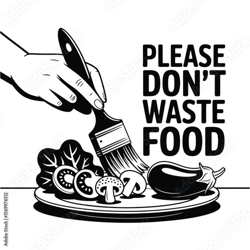 Monochrome Illustration Urging Food Conservation Hand Painting Vegetables on Plate with Brush, Promoting Awareness and Reducing Waste, Emphasizing Sustainability and Responsible Consumption