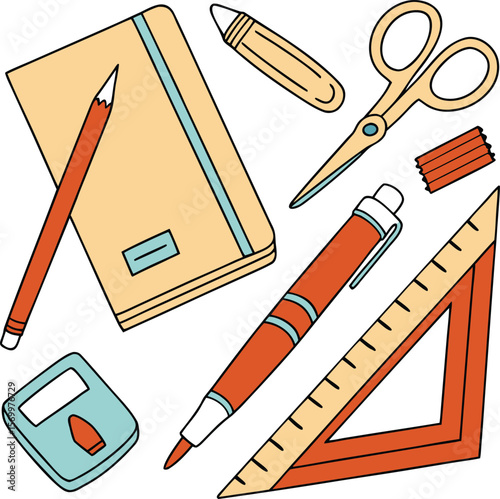 Bright School Supplies Set Vector Art Illustration