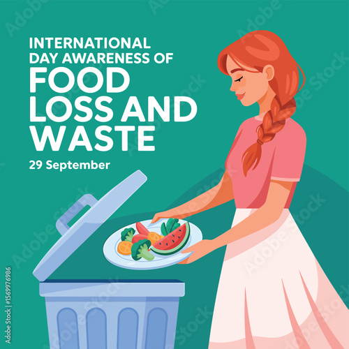 International Day Awareness of Food Loss and Waste Illustration Woman Discarding Spoiled Food in a Trash Can, Promoting Awareness and Responsible Consumption on September 29th