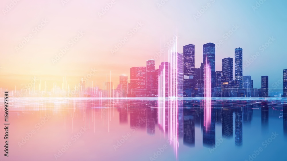 Fototapeta premium Financial Double Exposure Cityscape overlaid with financial charts and graphs, represents the connection between urban development and financial markets
