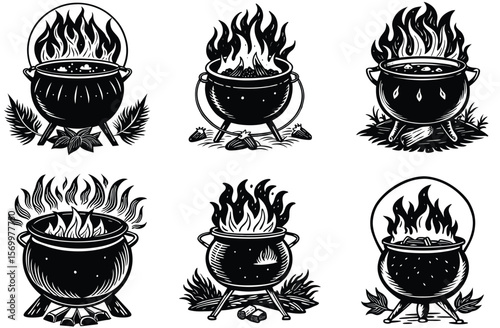 Black cauldrons with flames and foliage fire boiling