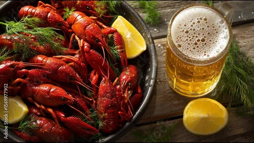 Boiled Red Crayfish with Lemon and Fresh Dill Served with Cold Beer on Rustic Wooden Table	