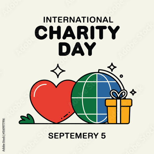 International Charity Day Vector Graphic Heart, Globe, and Gift Box Design for September 5th Observance