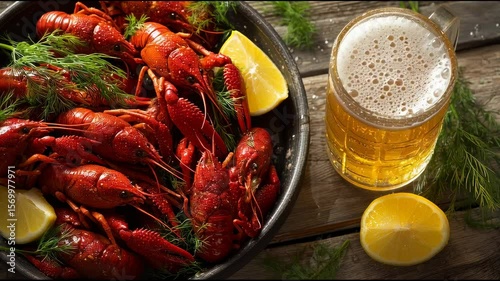 Boiled Red Crayfish with Lemon and Fresh Dill Served with Cold Beer on Rustic Wooden Table	