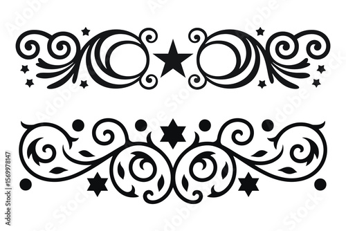 
Vintage Ornate black and white decorative border with swirling floral elements and stars, filigree Motif curls, designs, calligraphy Elegant floral scrolls  
