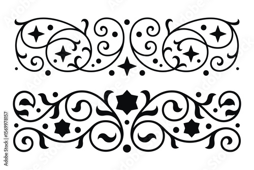 
Vintage Ornate black and white decorative border with swirling floral elements and stars, filigree Motif curls, designs, calligraphy Elegant floral scrolls  
