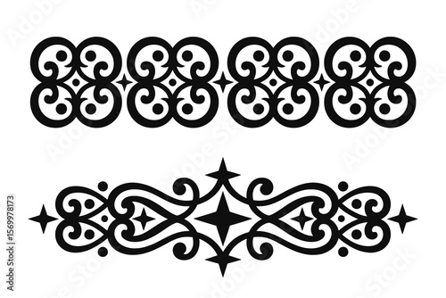 
Vintage Ornate black and white decorative border with swirling floral elements and stars, filigree Motif curls, designs, calligraphy Elegant floral scrolls  
