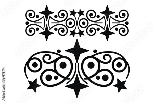 
Vintage Ornate black and white decorative border with swirling floral elements and stars, filigree Motif curls, designs, calligraphy Elegant floral scrolls  
