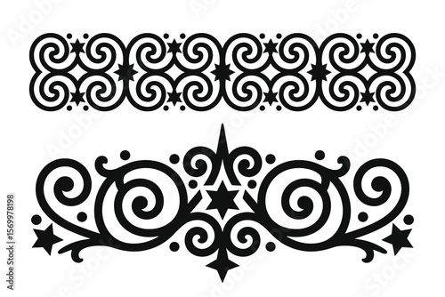 
Vintage Ornate black and white decorative border with swirling floral elements and stars, filigree Motif curls, designs, calligraphy Elegant floral scrolls  
