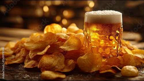 Large Pile of Crunchy Golden Potato Chips with Cold Foamy Beer Mug on Rustic Wooden Table	
