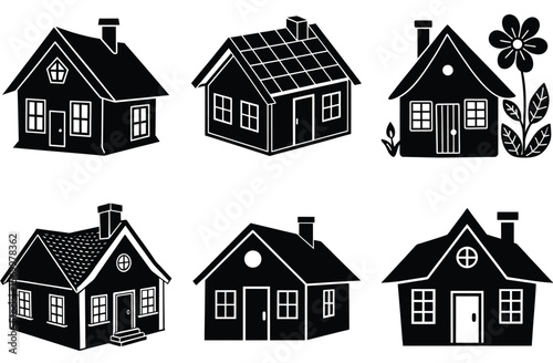 Black silhouette houses with varying architectural details and a floral element home building