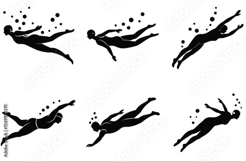 Black silhouettes of swimmers with bubbles swimming underwater