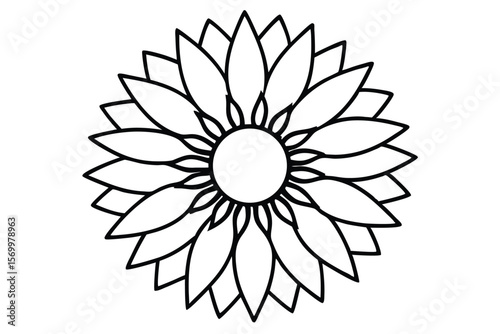 Artistic Black and White Outlined Floral Design with Circular Center and Petal Shapes