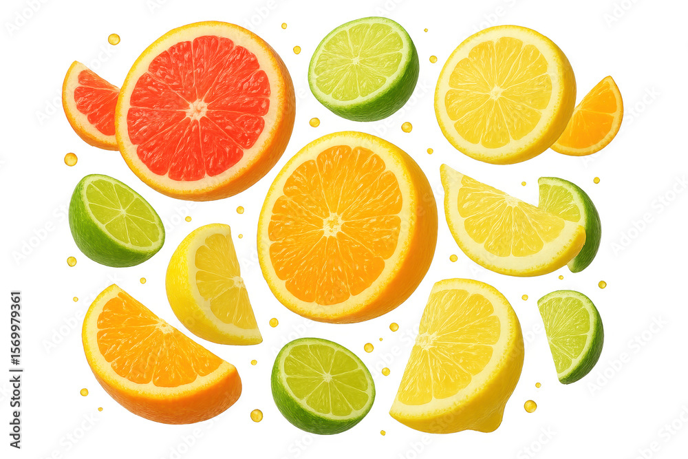 Obraz premium Assorted citrus fruits slices isolated on transparent background, colorful