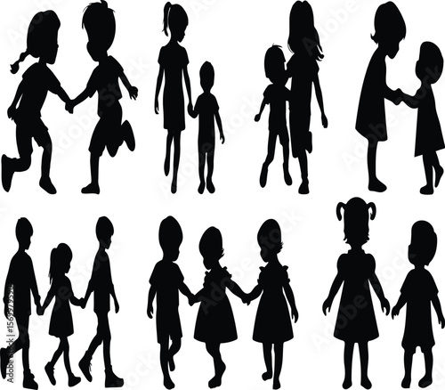 Silhouette of two children standing side by side with one wearing a backpack for school, friendship, childhood, and education design themes