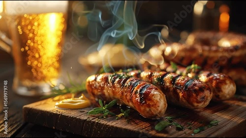 Grilled Sausages with Fresh Herbs and Cold Beer on Wooden Board in Cozy Outdoor Evening Setting	