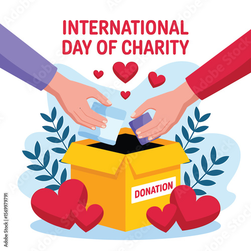International Day of Charity Vector Illustration Hands Contributing to Donation Box with Heart Accents, Promoting Generosity and Support for Charitable Causes