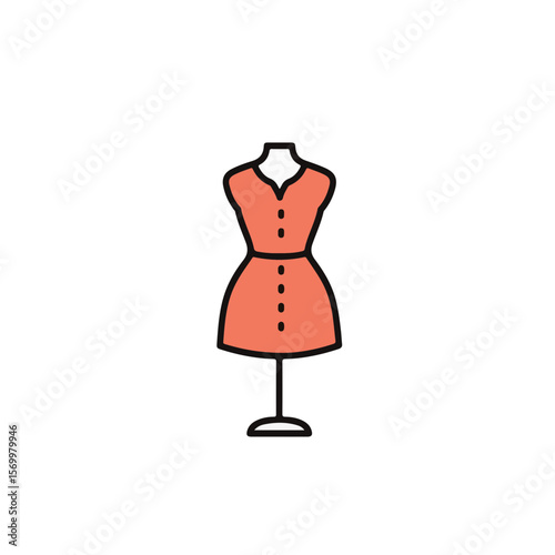 A simple mannequin displays a vintage dress with a minimalist design.