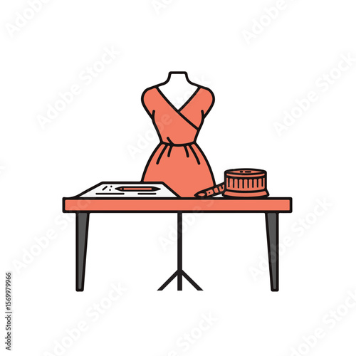 A minimalist illustration of a dress form, sewing table, and other accessories.